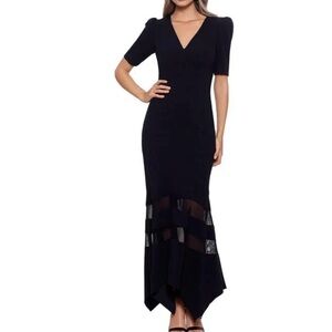 Xscape Black V-Neck Mesh-Panel Maxi Dress